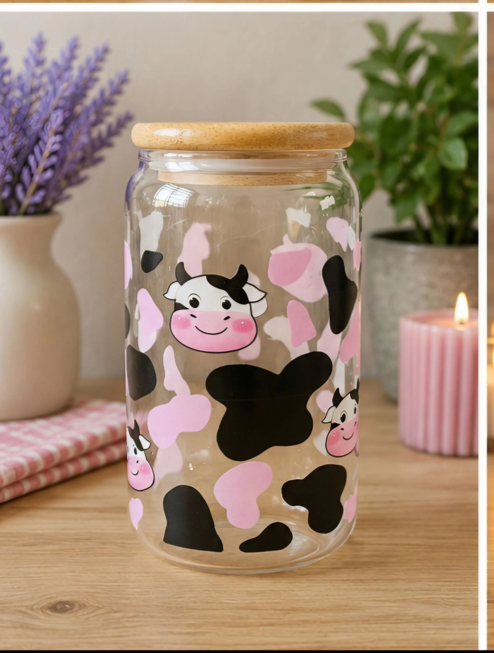 Verre canette avec paille en verre, couvercle en bambou et goupillon